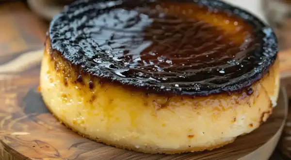 En krämig baskisk cheesecake med en mörk, karamelliserad yta, serverad på en träskärbräda.