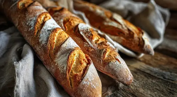 Tre nybakade baguetter med gyllene skorpa ligger på en linneduk. Perfekt för ett enkelt baguette recept.