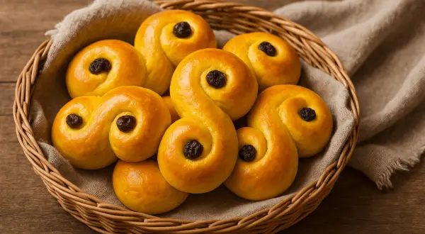 En korg fylld med saftiga lussebullar, redo att avnjutas.