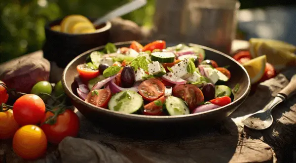 En härlig grekisk sallad med tomater, gurka, fetaost, oliver och rödlök, serverad utomhus i solsken.