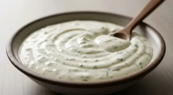 En skål med krämig ranch dressing, med en träsked som lyfter upp lite av den goda såsen. Perfekt till salladen!