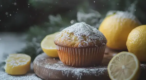 Citron cupcakes med florsocker, omgivna av färska citroner och granris. En vinterdröm av smak.