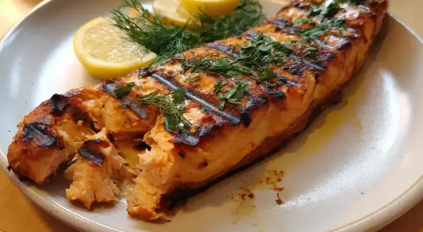 En saftig bit grillad lax med citronskivor och dill. Perfekt för en sommarkväll att grilla lax.