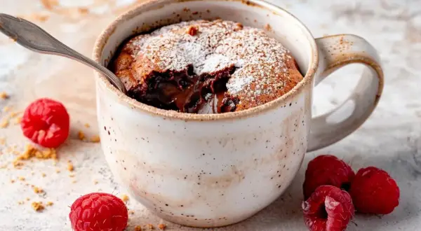 En härlig kladdkaka i mugg med smält choklad, pudrad med florsocker och omgiven av färska hallon.
