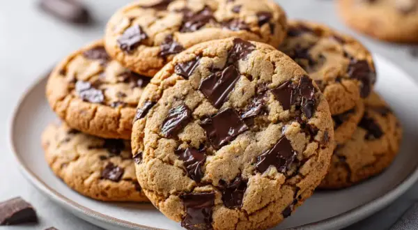 En hög med chokladkakor, perfekta för ett enkelt cookies recept. Mjuka och sega med generöst med chokladbitar.
