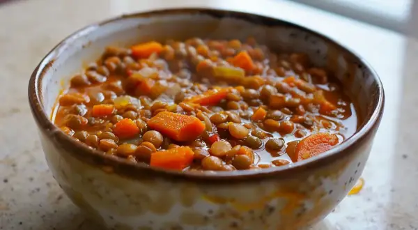 En skål med mustig linsgryta med morötter, perfekt för ett enkelt linsgryta recept.