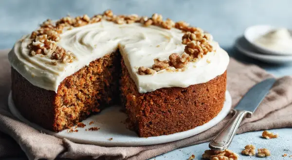 Saftig morotskaka med krämig frosting och valnötter. Perfekt för ett enkelt morotskaka recept.