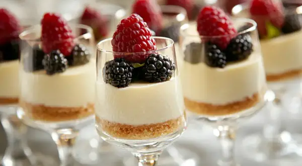 Flera glas med cheesecake, toppad med hallon och björnbär. En läcker dessert som passar perfekt till fikat.