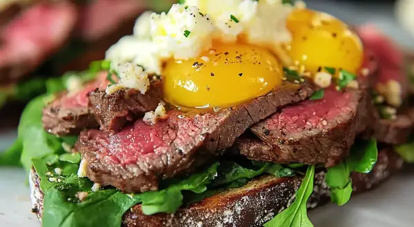 En lyxig bookmaker toast med saftigt biff, rucola, äggulor och ost. En riktig smakupplevelse!