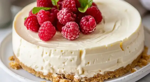En krämig fryst cheesecake toppad med färska hallon och myntablad. Perfekt för en sommarfest!