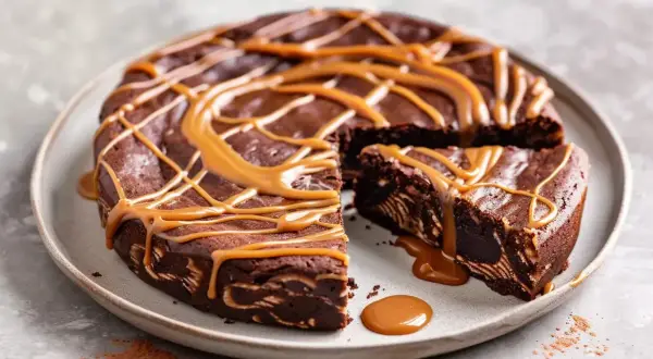 Kladdkaka med dulce de leche, dekorerad med karamellsås. En bit är uppskuren och visar den saftiga insidan.