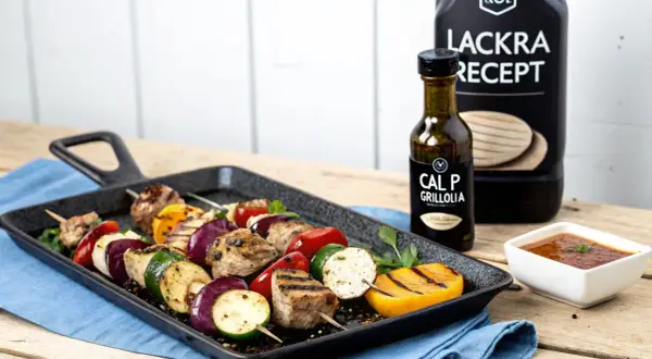 Grillspett med kött och grönsaker på en grillpanna, bredvid en flaska CAL P GRILLOLIA. Perfekt för ett läckert grillolja recept.