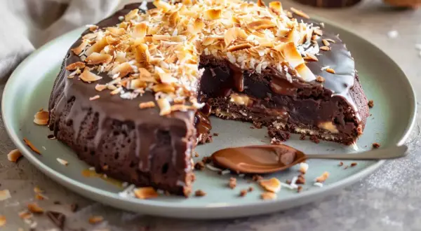En saftig kladdkaka med chokladglasyr och rostad kokostosca. En bit saknas, och en sked med chokladsås ligger bredvid.
