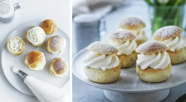 Färdigbakade semlor med fluffig grädde och pudrat florsocker. En härlig syn för alla som älskar att baka semlor!