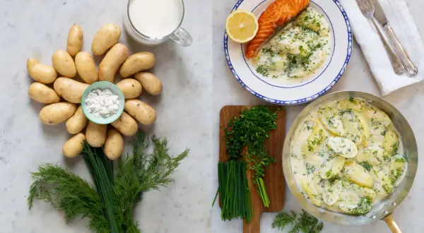 En härlig bild som visar ingredienser och färdig dillstuvad potatis med lax.