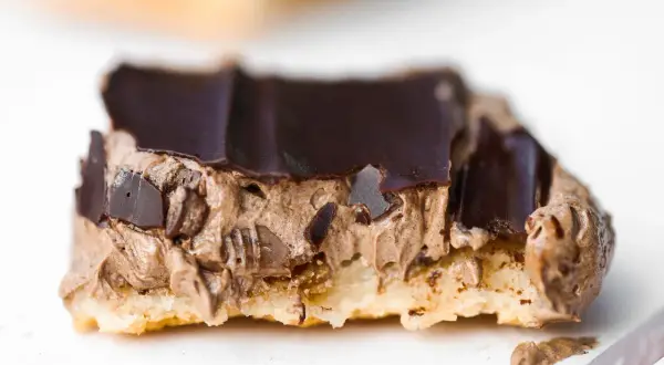 En närbild på en chokladbiskvi med krämig chokladfyllning och mörk chokladglasyr.