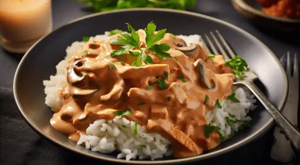 En krämig stroganoff med svamp och kött serveras över ris, garnerad med persilja. Ett mysigt recept för en middag.