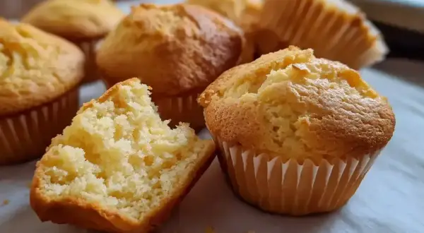Nybakade muffins, ett perfekt muffins recept för fika. En muffin är uppäten.