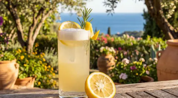 En uppfriskande yuzu drink med citron och rosmarin, serverad utomhus med havet i bakgrunden.