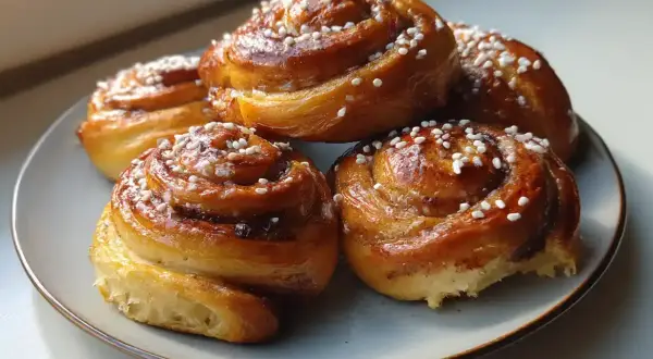 Färska kanelbullar med pärlsocker, redo att avnjutas. Ett perfekt kanelbulle recept för fikat.