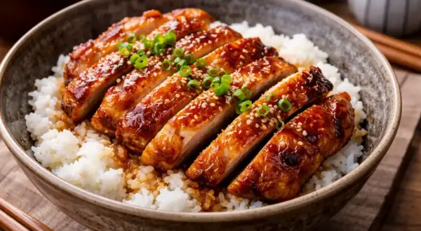 En skål med fluffigt ris toppad med saftig, glaserad teriyaki kyckling, strödd med sesamfrön och grön lök.