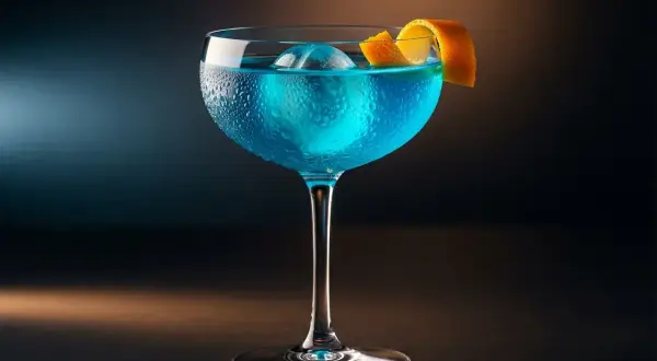 En svalkande blå lagun drink med en isboll och apelsinskal.