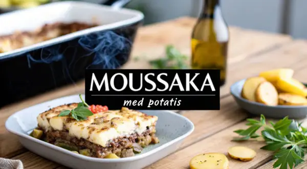 En portion moussaka med potatis, redo att avnjutas. Texten "MOUSSAKA med potatis" syns tydligt.