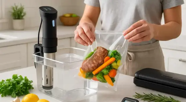 En person förbereder mat för sous vide lax med grönsaker i en vakuumpåse. En sous vide-stav är fäst vid en behållare med vatten.