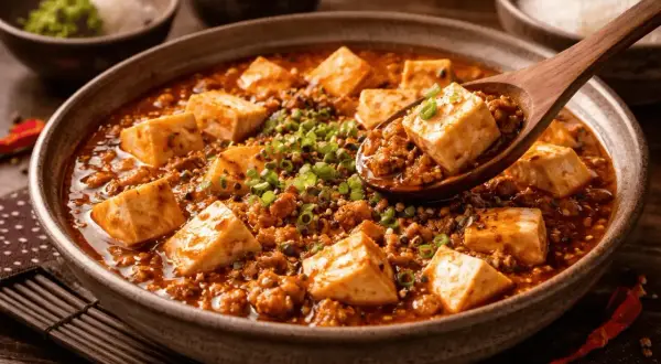 En sked lyfter upp en bit mapo tofu från en skål med kryddig gryta, toppad med salladslök.