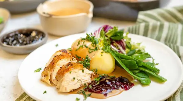En saftig hel kyckling i ugn, skuren och serverad med potatis, sockerärtor och en härlig lingonsylt.