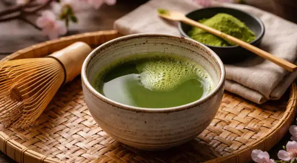 En skål med grön matcha, en bambuvisp och en skål med matchapulver. Perfekt för ett hemgjort chai syrup recept.
