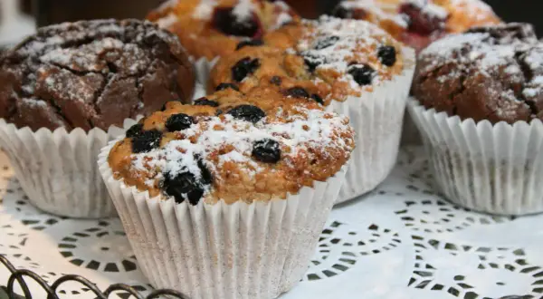 Här är ett **stora saftiga muffins recept**! Chokladmuffins och blåbärsmuffins, pudrade med florsocker, ser otroligt goda ut.