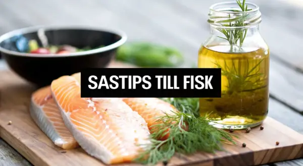 Färska laxfiléer på en skärbräda med dill och en flaska olivolja. Texten "SASTIPS TILL FISK" antyder en god sås till fisken.