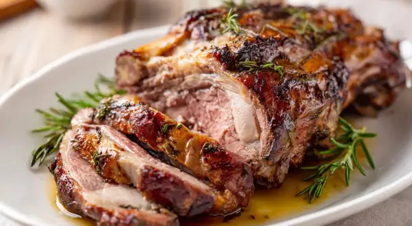 Saftig lammstek i ugn, perfekt stekt med rosmarin och serverad på ett fat.