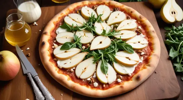 Pizza bianco med chèvre, päron och honung. En utsökt kombination av sött och salt.