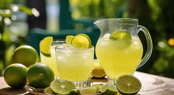 En kanna och glas med uppfriskande limejuice, perfekt för ett margarita recept. Färska limefrukter och is ger en somrig känsla.