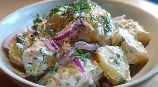 En skål med ljuvlig potatissallad recept, krämig med dill, rödlök och kapris. Perfekt till grillat!