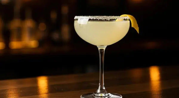 En elegant lemon martini med saltkant och citronskal på en träbar.