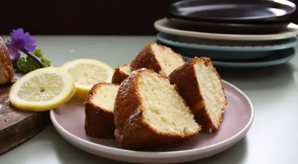 Skivor av saftig citron sockerkaka på en ljusrosa tallrik, med citronskivor och en lila blomma som dekoration.