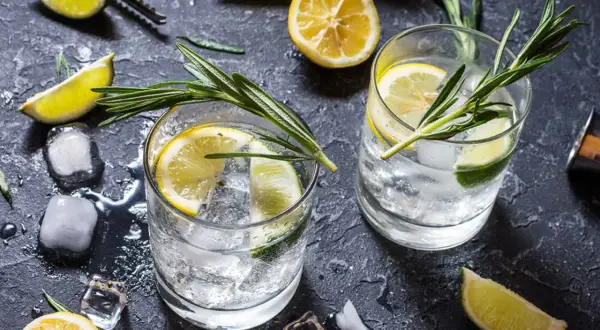 Två glas med gin och tonic, is, citron- och limeklyftor samt rosmarinkvistar på ett mörkt underlag.