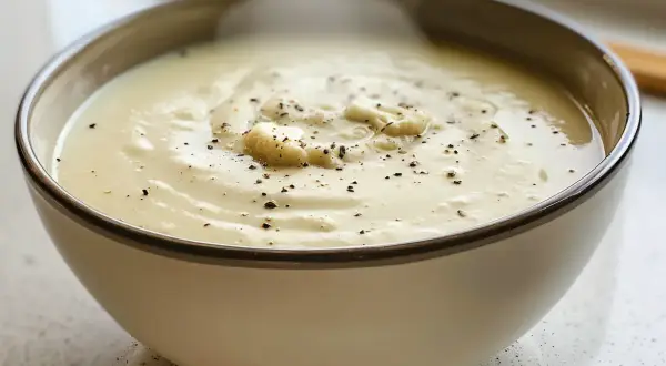 Krämig blomkålssoppa, perfekt för ett värmande blomkålssoppa recept. Toppad med peppar och små blomkålsbitar.