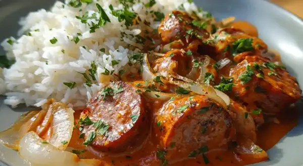 En portion godaste korv stroganoff med ris och persilja. En krämig sås med korvbitar och lök, serverad med fluffigt ris.