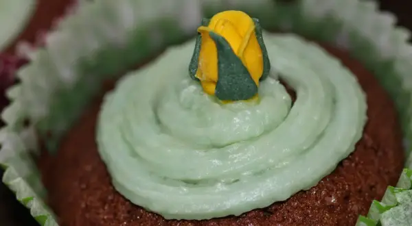 Chokladmuffins med ljusgrön frosting och en gul ros som dekoration. Ett enkelt frosting recept för att lyckas.