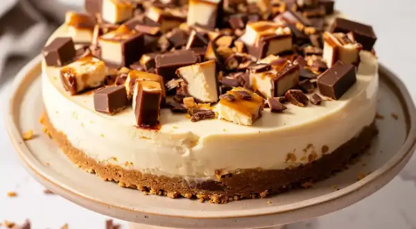 En krämig daim cheesecake, toppad med bitar av choklad och karamell. En dröm för alla som älskar daim!