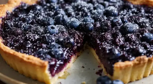 Blåbärspaj med krispigt skal, perfekt för ett somrigt paj recept. Pudrad med florsocker.