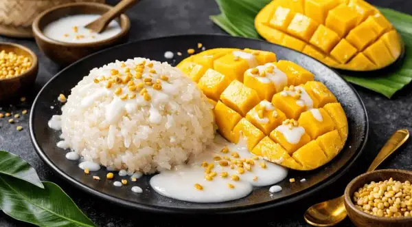 En tallrik med klibbigt ris, färsk mango och kokosmjölk. En utsökt mango sago-dessert.