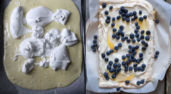 En marängbotten med citron frosting och blåbär. Till vänster, smeten redo för ugnen, till höger, färdig dekorerad.