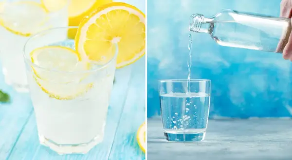 Frisk lemonad med citronskivor och is, samt en flaska som hälls upp sodavatten till drinkar.