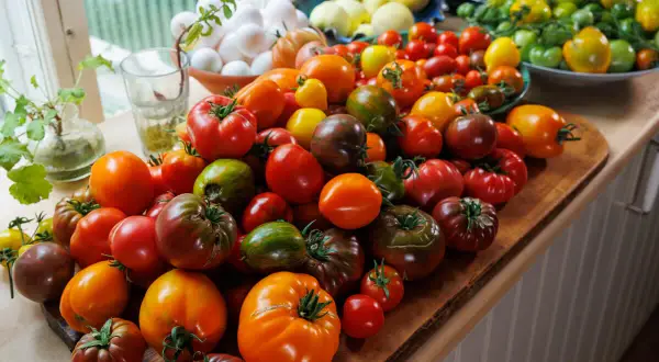 En stor samling färgglada tomater, redo att bli en härlig tomatsås i ugn.