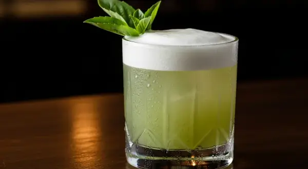Grön, skummande drink med mynta och en kvist thai basil. En uppfriskande sommardrink.